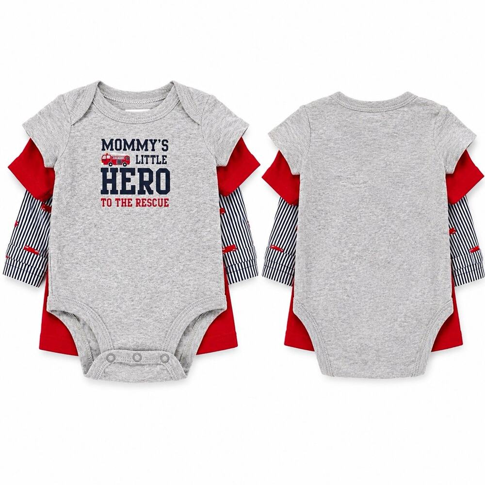 Carter's 3pc Outfit Set 0-3M Firefighter Graphic Bodysuit Tee Striped Shorts